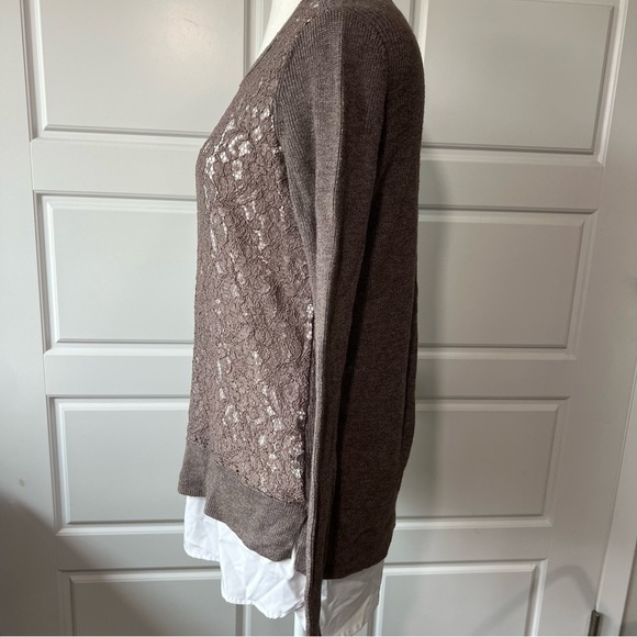 Lace Accent Top Long Sleeve Layered Look Brown Sweater - Picture 3 of 6